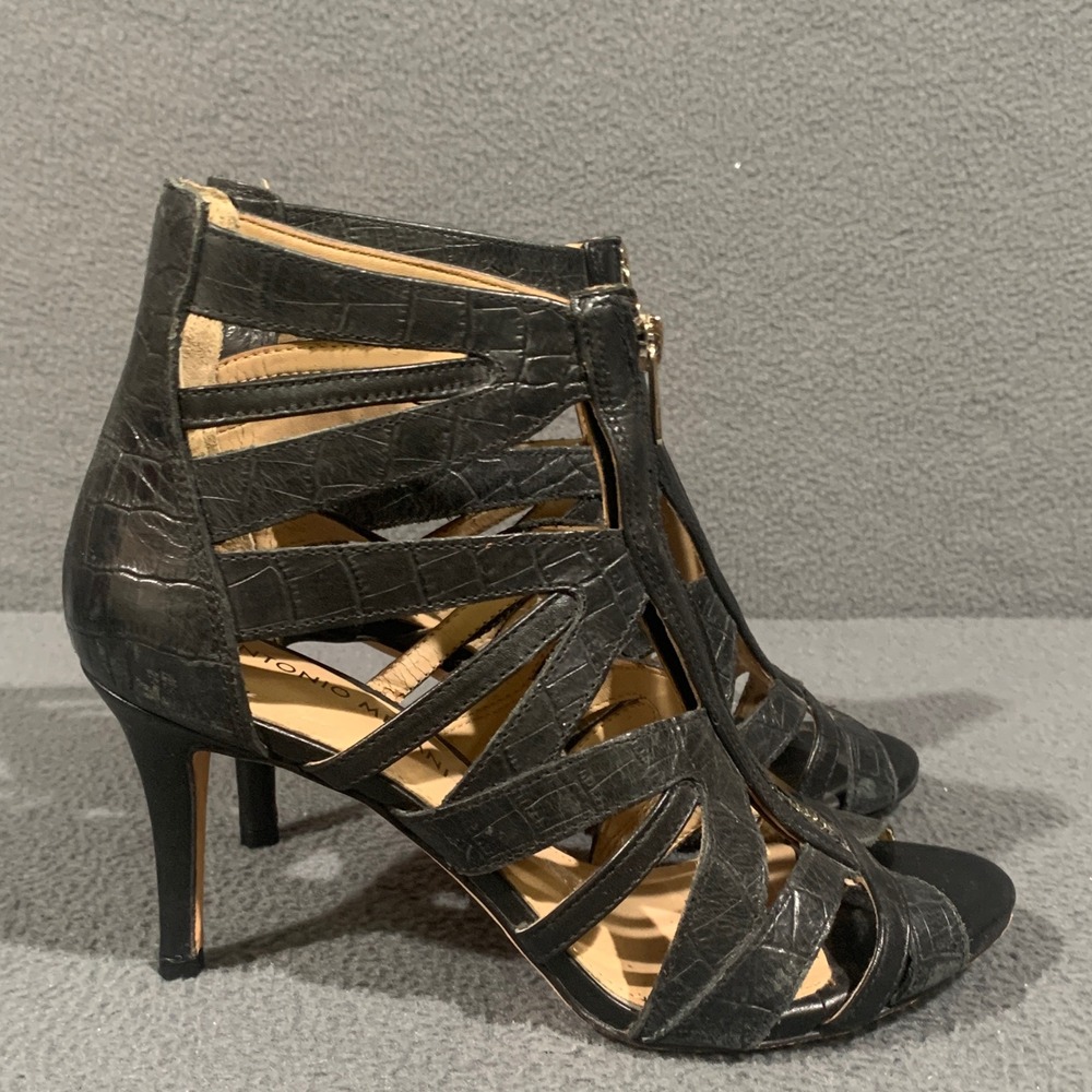 Antonio Melani Sandals Womens 7M Black Croc Embossed Leather Zip Cage Heels Goth